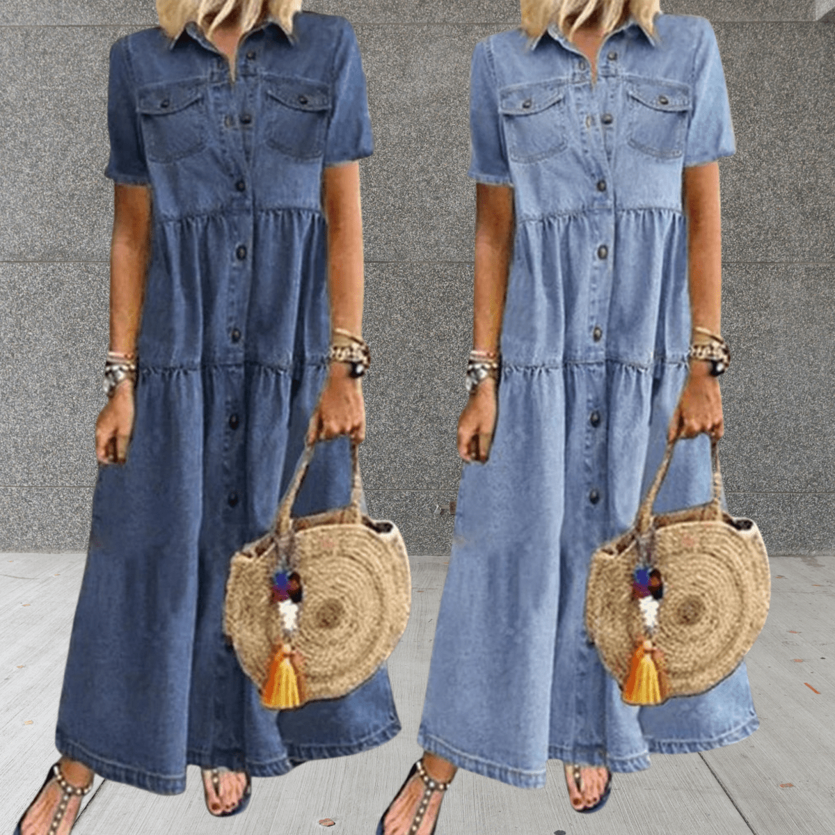 Dames Spijkerjurk Maxi Knopen Losse Pasvorm Casual Zomer - Donkerblauw / Lichtblauw - Maelen