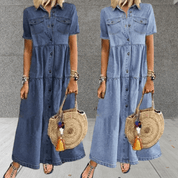 Dames Spijkerjurk Maxi Knopen Losse Pasvorm Casual Zomer - Donkerblauw / Lichtblauw - Maelen