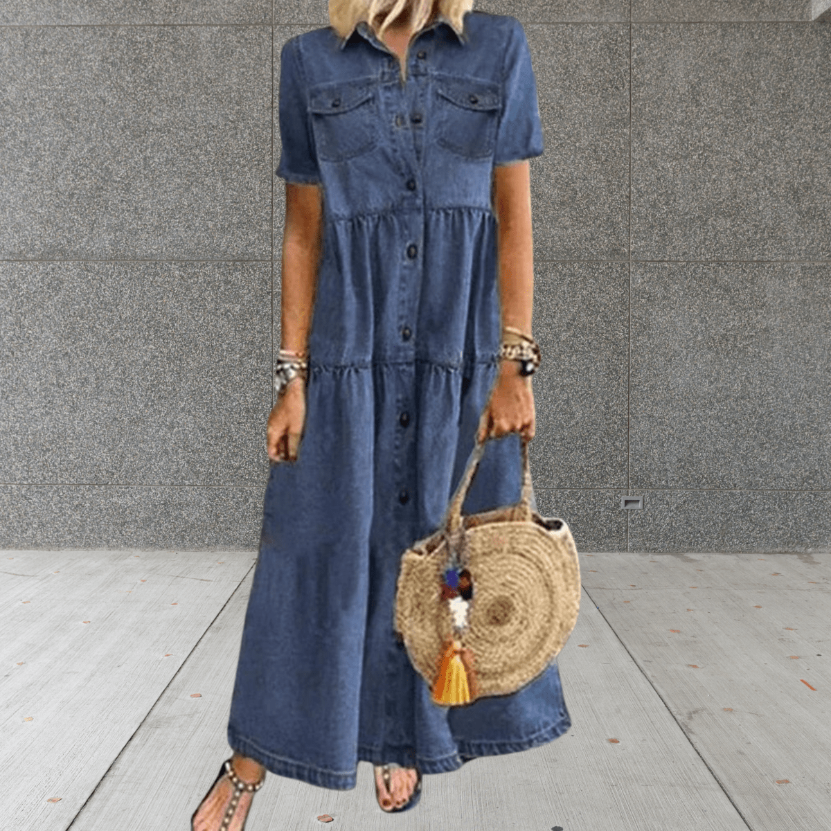 Dames Spijkerjurk Maxi Knopen Losse Pasvorm Casual Zomer - Donkerblauw / Lichtblauw - Maelen