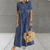 Dames Spijkerjurk Maxi Knopen Losse Pasvorm Casual Zomer - Donkerblauw / Lichtblauw - Maelen