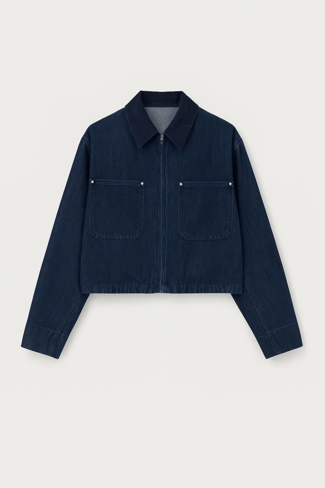 Korte Denim Damesjas met Kraag - Donkerblauw / Lichtbeige - Maelen