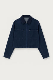 Korte Denim Damesjas met Kraag - Donkerblauw / Lichtbeige - Maelen