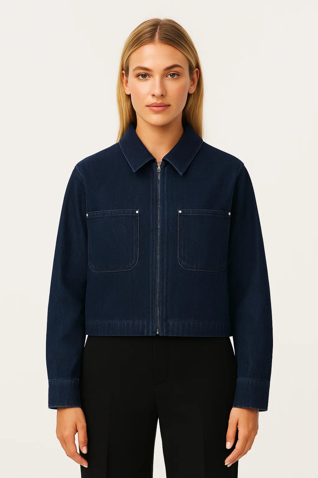 Korte Denim Damesjas met Kraag - Donkerblauw / Lichtbeige - Maelen