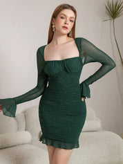 Aria Glitter mesh mini jurk dames – ruched party dress met lange mouwen