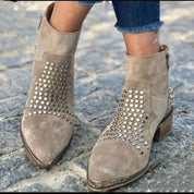 Dames Enkellaarsjes Studs Blokhak Puntige Neus Western Casual Dagelijks - Taupe - Maelen