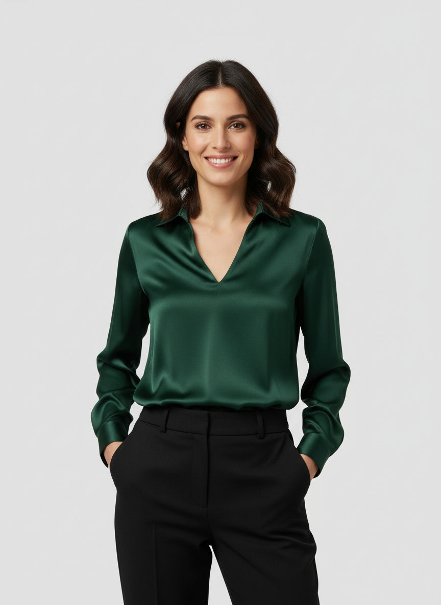 Claudia Dames satijnen blouse met V-hals – elegante glanzende blouse met soepele pasvorm
