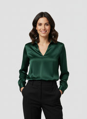Claudia Dames satijnen blouse met V-hals – elegante glanzende blouse met soepele pasvorm