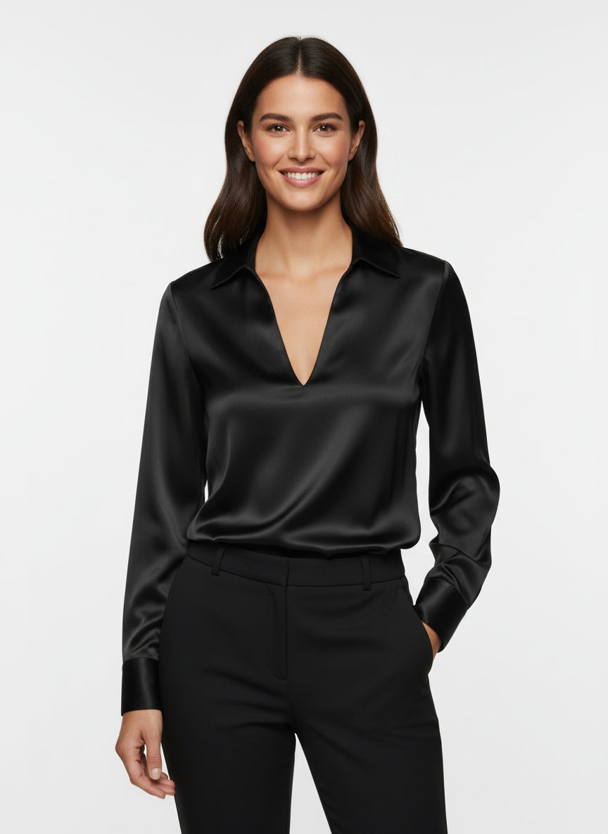 Claudia Dames satijnen blouse met V-hals – elegante glanzende blouse met soepele pasvorm