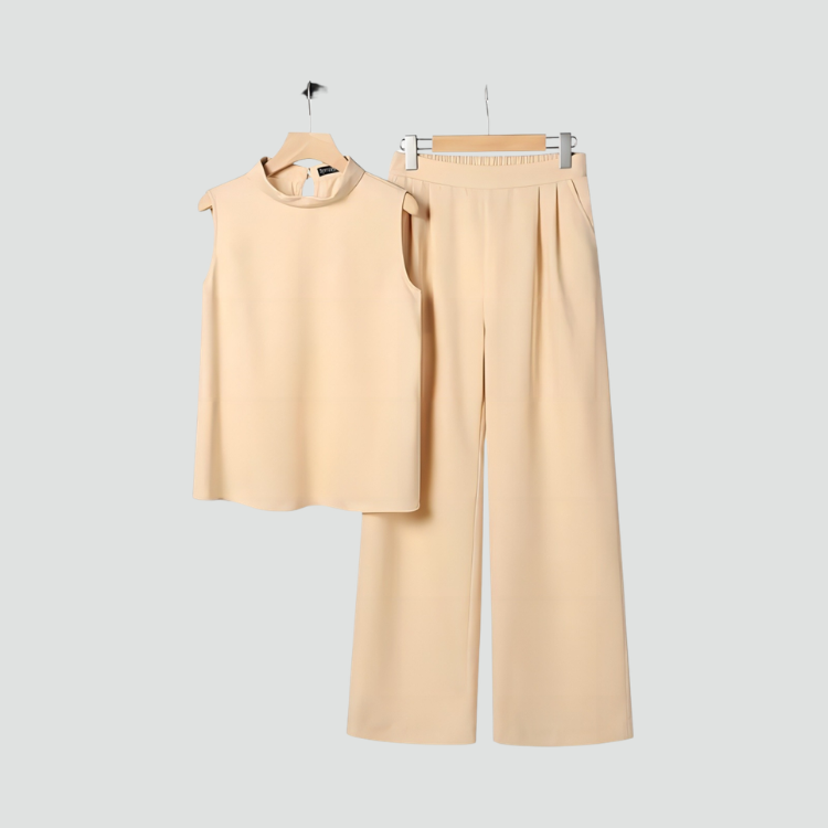 Elegante Damesset voor Speciale Gelegenheden met Wijde Broek, Mouwloze Top met Hoge Hals - Rood/Zwart/Roze