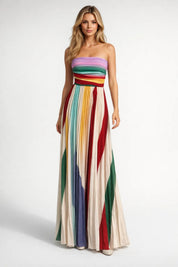 Strapless Maxi Jurk Dames Kleurrijke Strepen Zomer Feest - Meerkleurig - Maelen