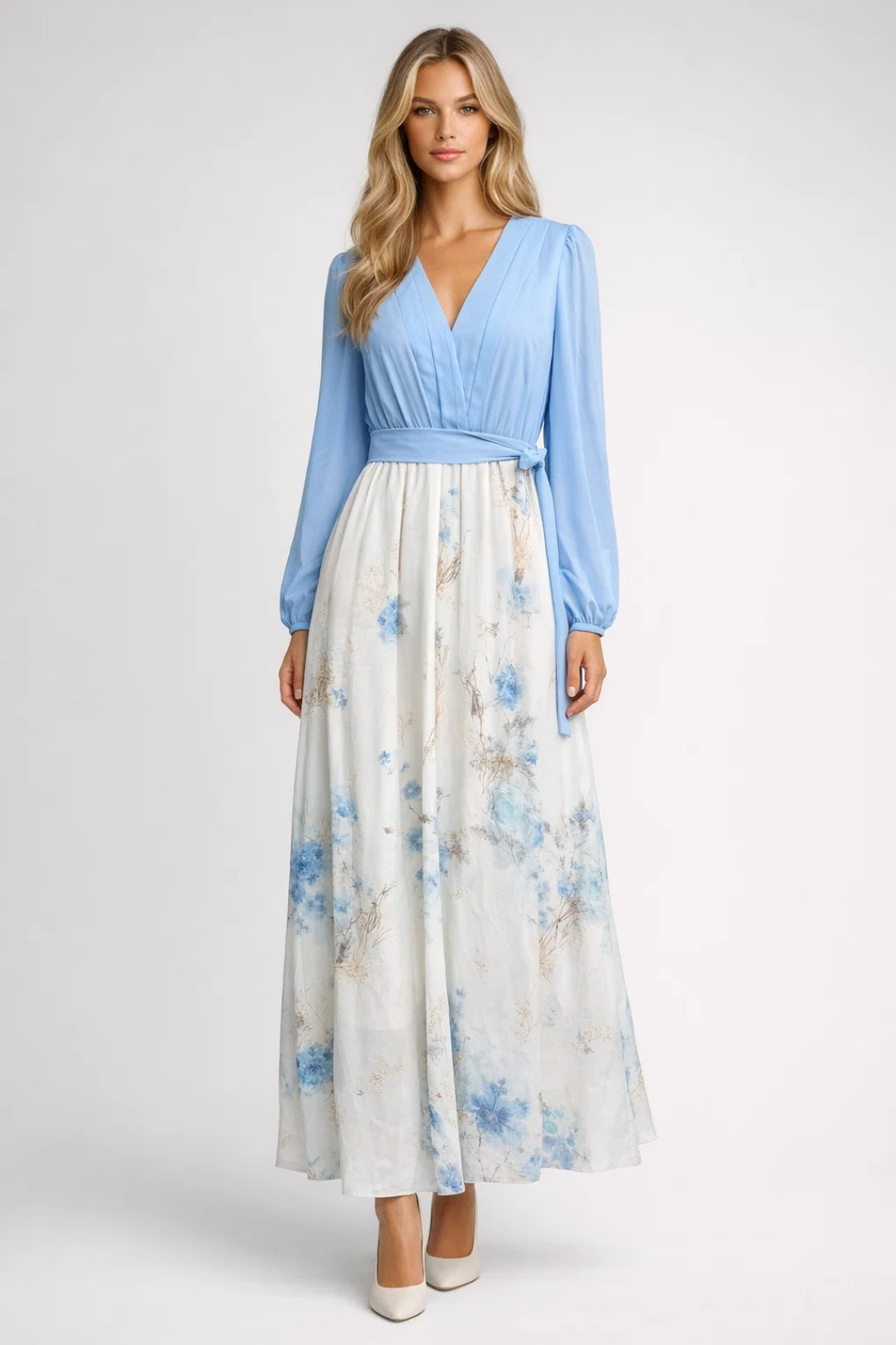 Bloemen Maxi Jurk Dames V-hals Geplooide Rok Luchtig - Lichtblauw - Maelen