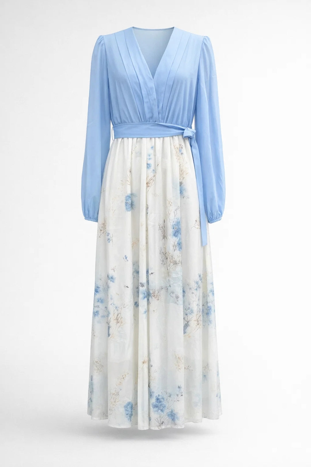 Bloemen Maxi Jurk Dames V-hals Geplooide Rok Luchtig - Lichtblauw - Maelen