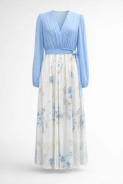 Bloemen Maxi Jurk Dames V-hals Geplooide Rok Luchtig - Lichtblauw - Maelen