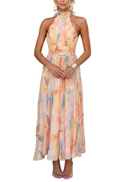Dames Maxi Jurk Halternek Aquarelprint Open Rug Getailleerd - Maelen