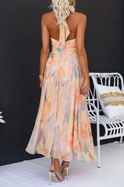 Dames Maxi Jurk Halternek Aquarelprint Open Rug Getailleerd - Maelen