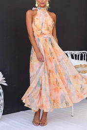 Dames Maxi Jurk Halternek Aquarelprint Open Rug Getailleerd - Maelen