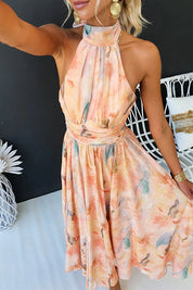 Dames Maxi Jurk Halternek Aquarelprint Open Rug Getailleerd - Maelen