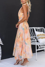 Dames Maxi Jurk Halternek Aquarelprint Open Rug Getailleerd - Maelen