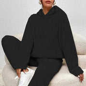 Louna Teddy Huispak | Dames loungewear set van teddy-stof met capuchon en rechte broek