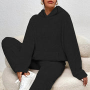 Louna Teddy Huispak | Dames loungewear set van teddy-stof met capuchon en rechte broek