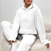Louna Teddy Huispak | Dames loungewear set van teddy-stof met capuchon en rechte broek