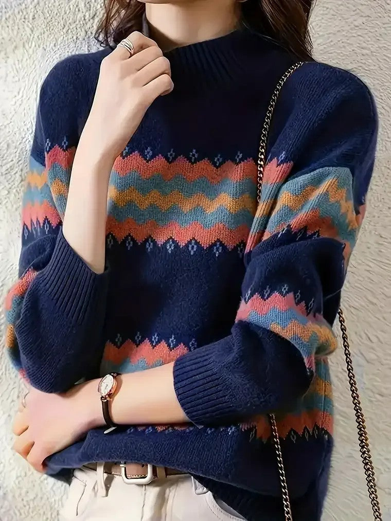 Noa Trui | Dames trui met colkraag en zigzagpatroon in zachte wintertinten