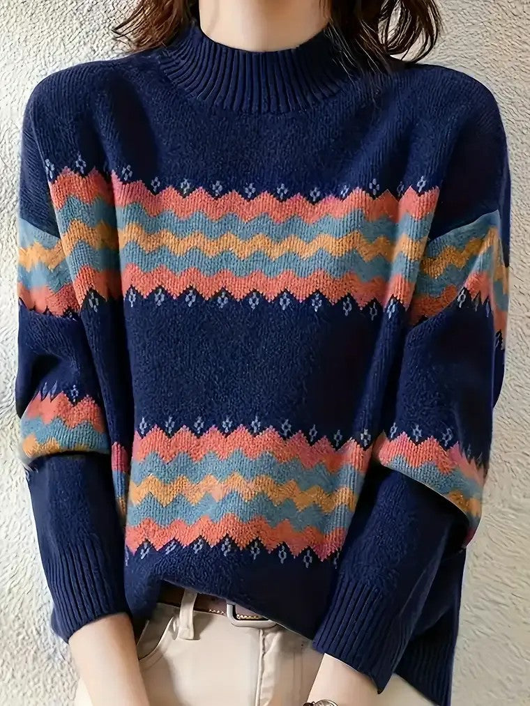 Noa Trui | Dames trui met colkraag en zigzagpatroon in zachte wintertinten