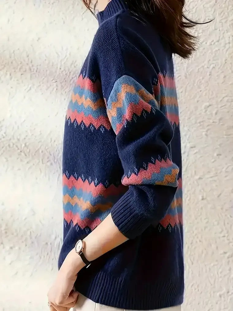 Noa Trui | Dames trui met colkraag en zigzagpatroon in zachte wintertinten