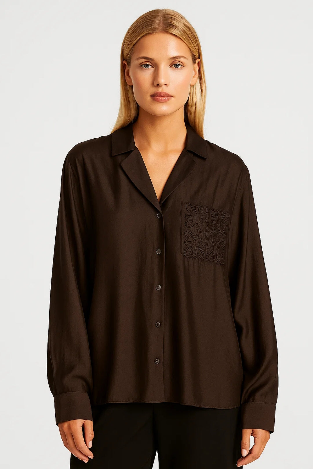Minimalistische Damesblouse met Kraag en Relaxte Pasvorm - Donkerbruin / Lichtgeel / Wit - Maelen