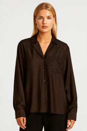 Minimalistische Damesblouse met Kraag en Relaxte Pasvorm - Donkerbruin / Lichtgeel / Wit - Maelen