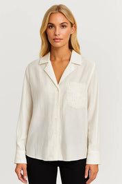 Minimalistische Damesblouse met Kraag en Relaxte Pasvorm - Donkerbruin / Lichtgeel / Wit - Maelen