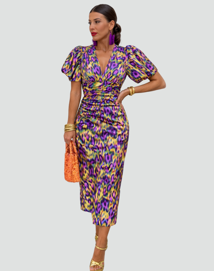 Dames Midi-jurk voor het Cocktailfeest met Opgeblazen Mouwen en V-hals, Kleurrijke Print - Paars/Groen, Paars/Blauw, Donkerblauw/Rood