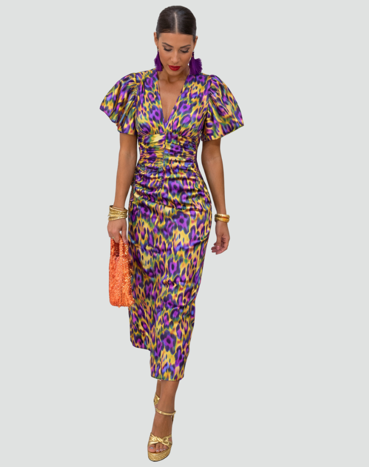 Dames Midi-jurk voor het Cocktailfeest met Opgeblazen Mouwen en V-hals, Kleurrijke Print - Paars/Groen, Paars/Blauw, Donkerblauw/Rood