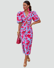 Dames Midi-jurk voor het Cocktailfeest met Opgeblazen Mouwen en V-hals, Kleurrijke Print - Paars/Groen, Paars/Blauw, Donkerblauw/Rood