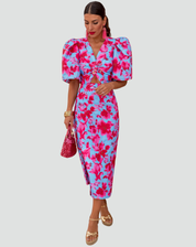Dames Midi-jurk voor het Cocktailfeest met Opgeblazen Mouwen en V-hals, Kleurrijke Print - Paars/Groen, Paars/Blauw, Donkerblauw/Rood