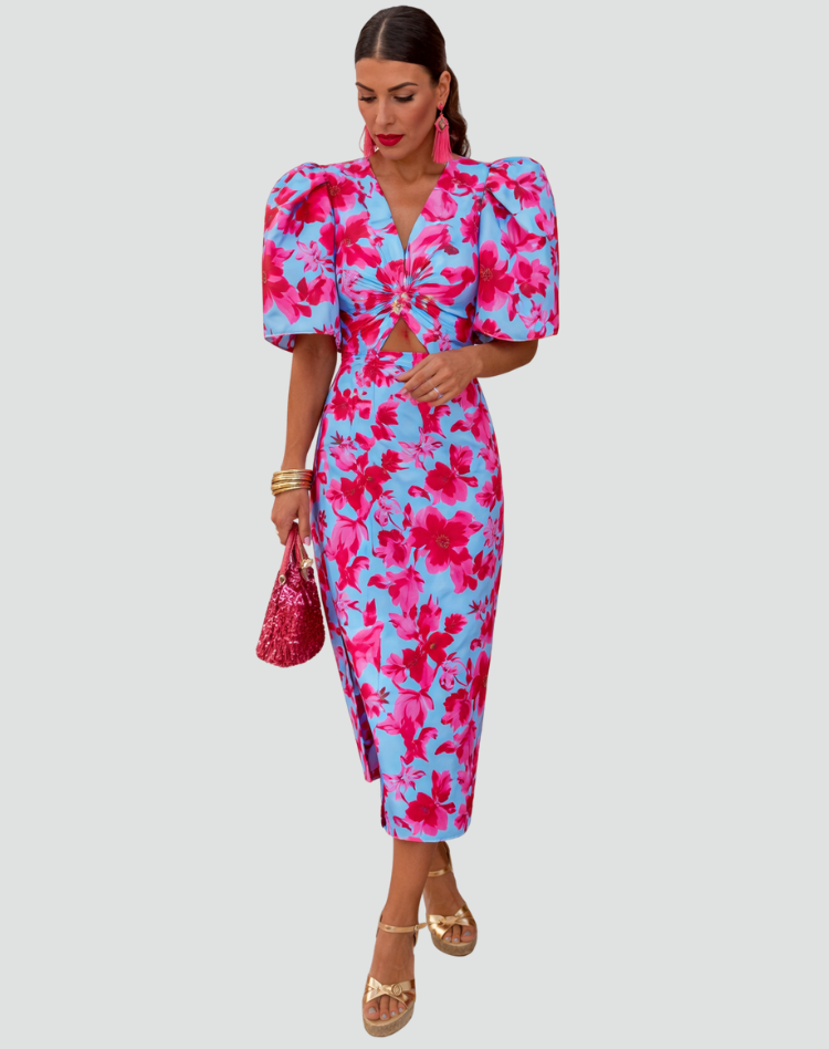 Dames Midi-jurk voor het Cocktailfeest met Opgeblazen Mouwen en V-hals, Kleurrijke Print - Paars/Groen, Paars/Blauw, Donkerblauw/Rood
