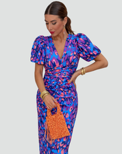 Dames Midi-jurk voor het Cocktailfeest met Opgeblazen Mouwen en V-hals, Kleurrijke Print - Paars/Groen, Paars/Blauw, Donkerblauw/Rood