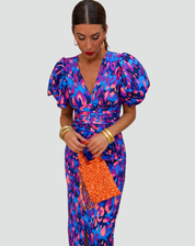 Dames Midi-jurk voor het Cocktailfeest met Opgeblazen Mouwen en V-hals, Kleurrijke Print - Paars/Groen, Paars/Blauw, Donkerblauw/Rood