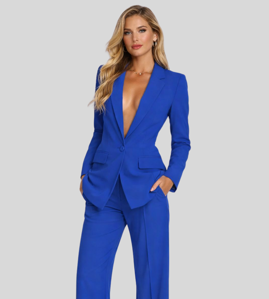 Moderne Dames Zakelijke Set met Colbert en Wijde Broek, Broekpak met Diepe V-hals - Bruin/Zwart/Roze