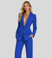 Moderne Dames Zakelijke Set met Colbert en Wijde Broek, Broekpak met Diepe V-hals - Bruin/Zwart/Roze