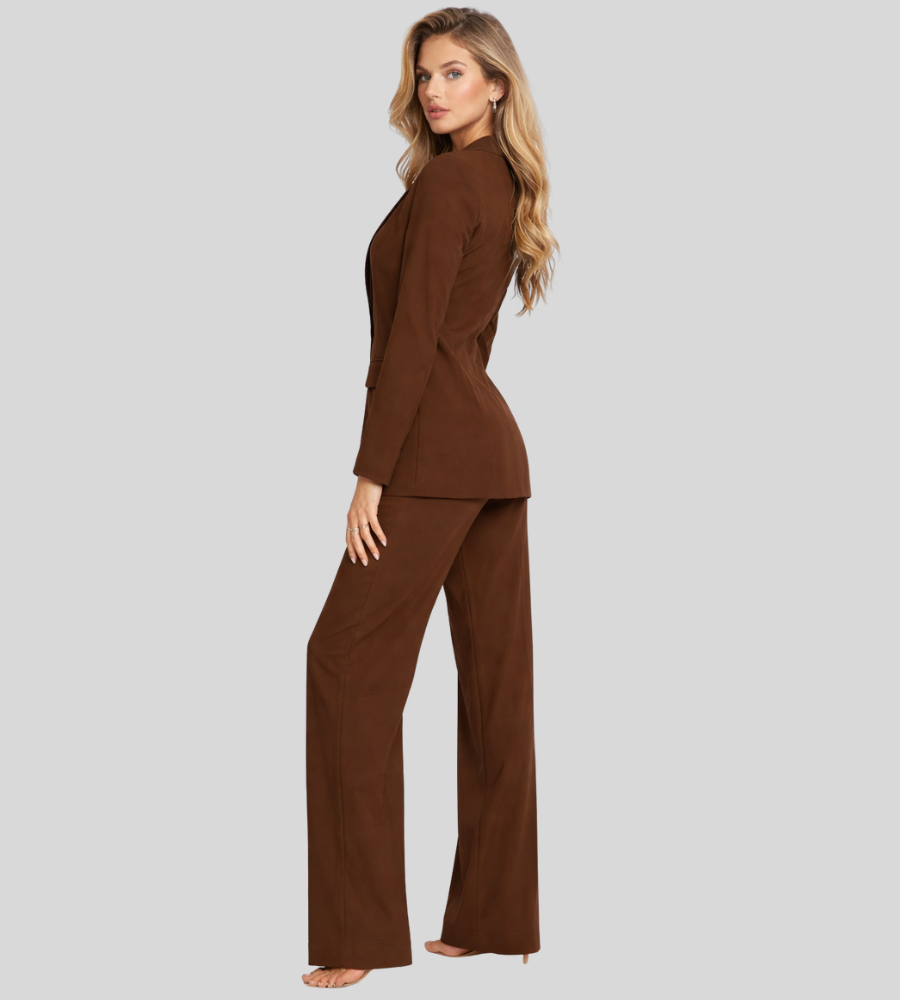 Moderne Dames Zakelijke Set met Colbert en Wijde Broek, Broekpak met Diepe V-hals - Bruin/Zwart/Roze