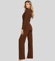 Moderne Dames Zakelijke Set met Colbert en Wijde Broek, Broekpak met Diepe V-hals - Bruin/Zwart/Roze