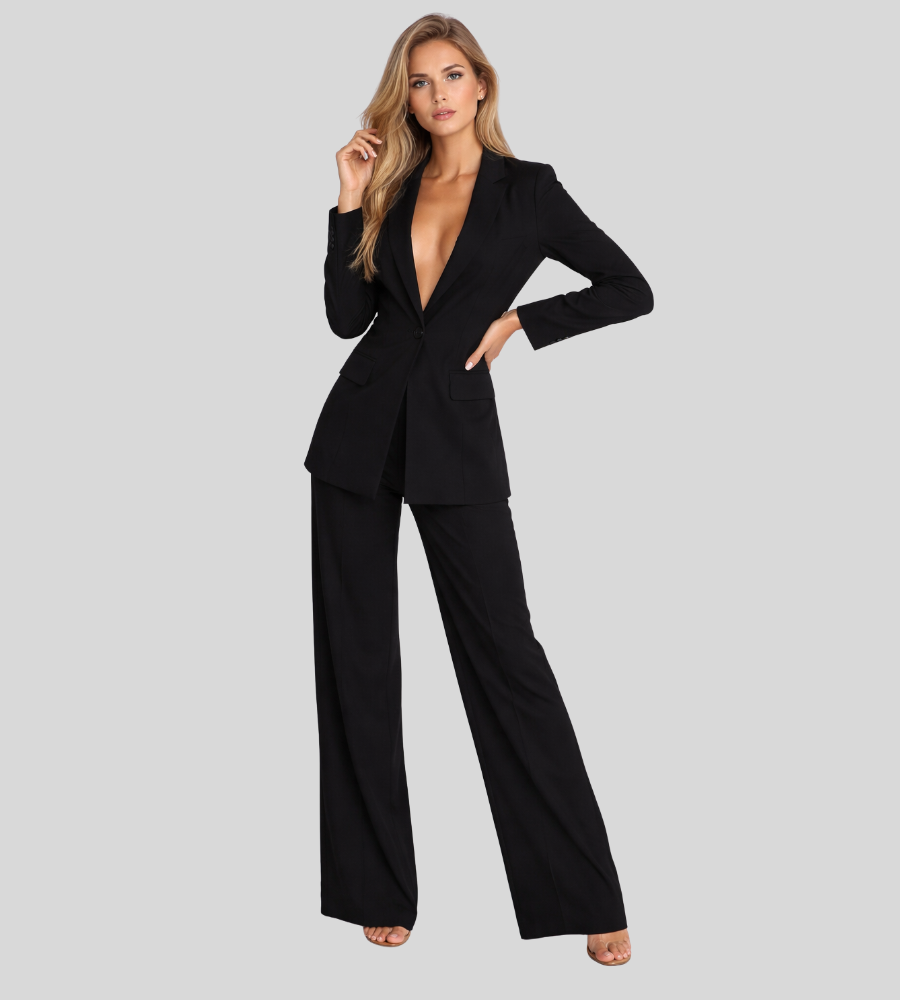 Moderne Dames Zakelijke Set met Colbert en Wijde Broek, Broekpak met Diepe V-hals - Bruin/Zwart/Roze