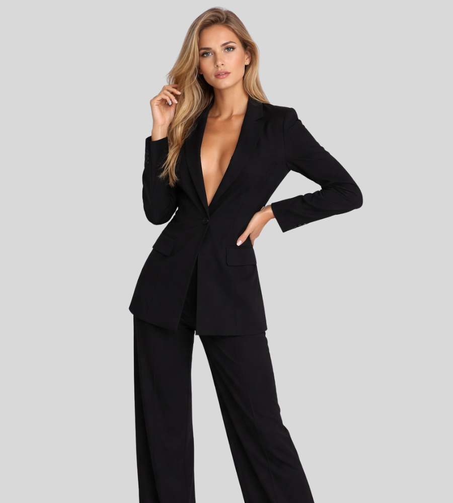Moderne Dames Zakelijke Set met Colbert en Wijde Broek, Broekpak met Diepe V-hals - Bruin/Zwart/Roze