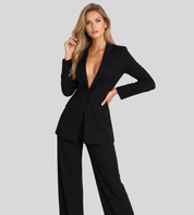 Moderne Dames Zakelijke Set met Colbert en Wijde Broek, Broekpak met Diepe V-hals - Bruin/Zwart/Roze
