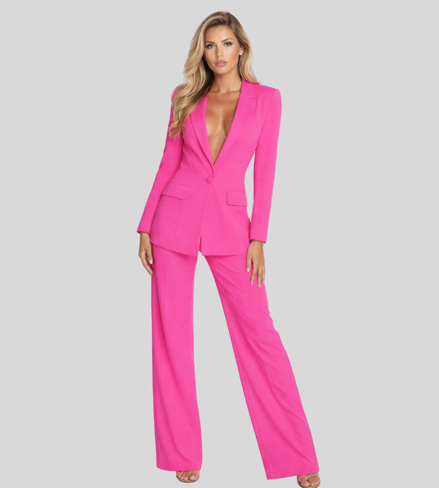 Moderne Dames Zakelijke Set met Colbert en Wijde Broek, Broekpak met Diepe V-hals - Bruin/Zwart/Roze