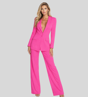 Moderne Dames Zakelijke Set met Colbert en Wijde Broek, Broekpak met Diepe V-hals - Bruin/Zwart/Roze