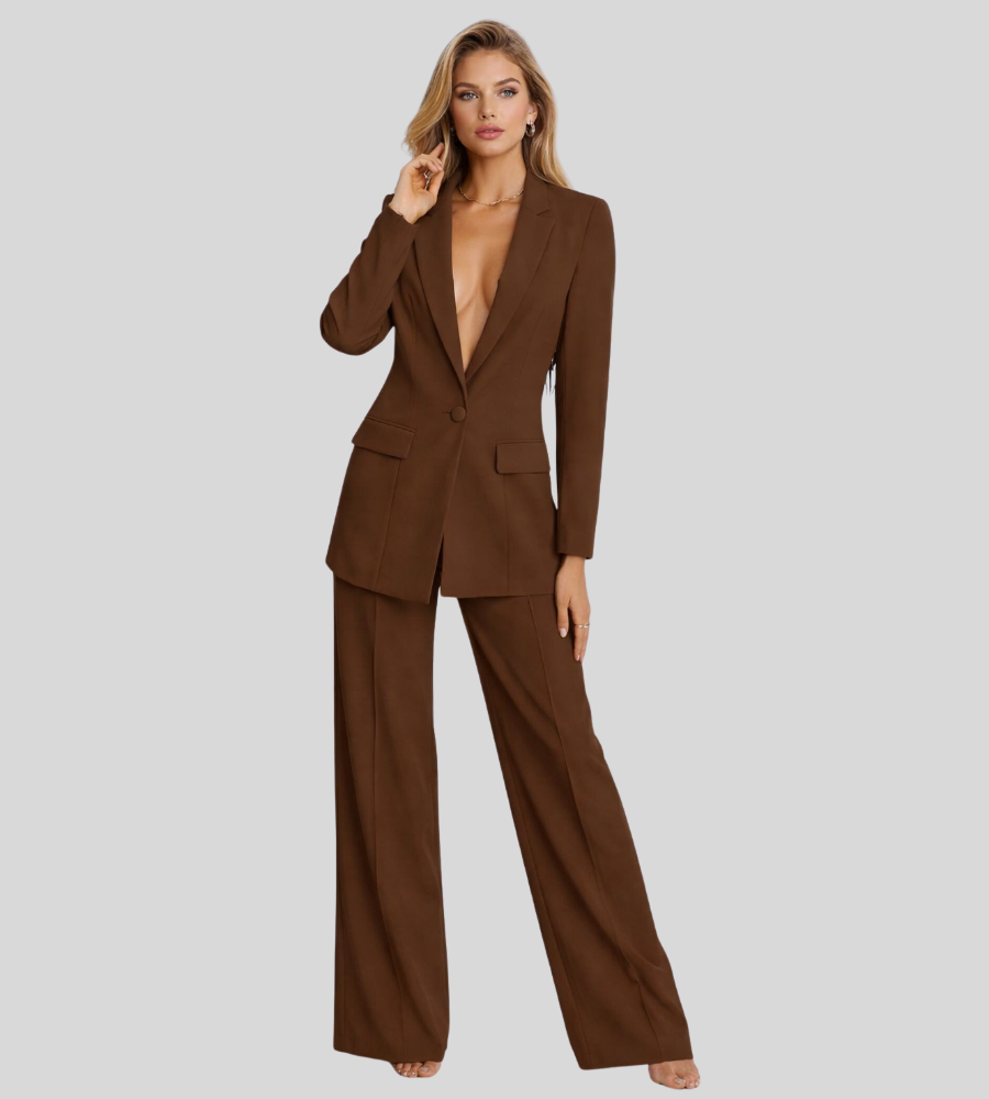 Moderne Dames Zakelijke Set met Colbert en Wijde Broek, Broekpak met Diepe V-hals - Bruin/Zwart/Roze