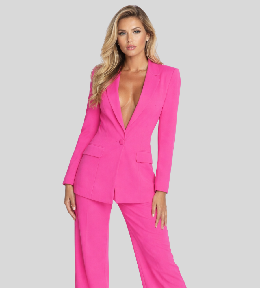 Moderne Dames Zakelijke Set met Colbert en Wijde Broek, Broekpak met Diepe V-hals - Bruin/Zwart/Roze