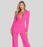 Moderne Dames Zakelijke Set met Colbert en Wijde Broek, Broekpak met Diepe V-hals - Bruin/Zwart/Roze